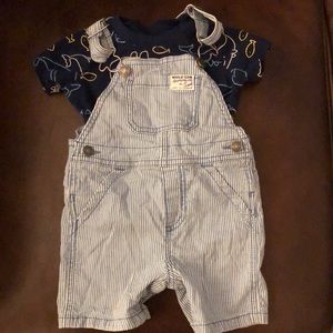 Two-piece denim overall short/tshirt set. Size 12m.
